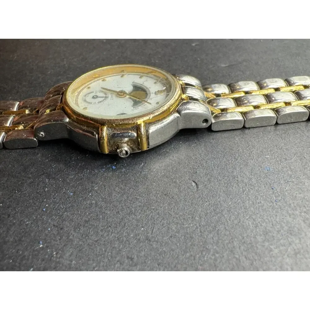 Vintage PB Quartz Moon Phase Date Two Tone Stainless Steel Watch 5ATM